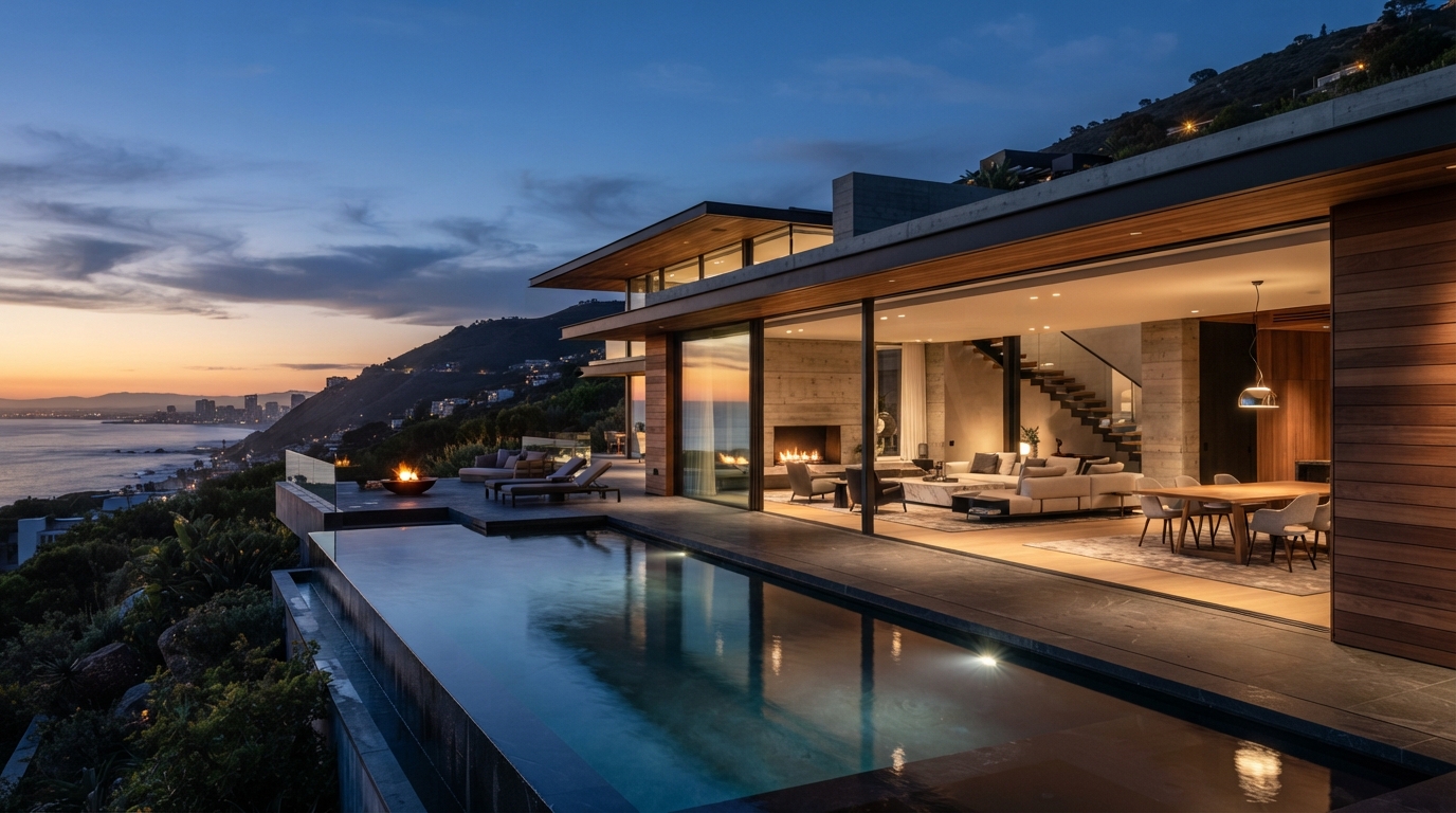 Ultra-premium contemporary residential architecture, minimalist luxury villa with large glass walls