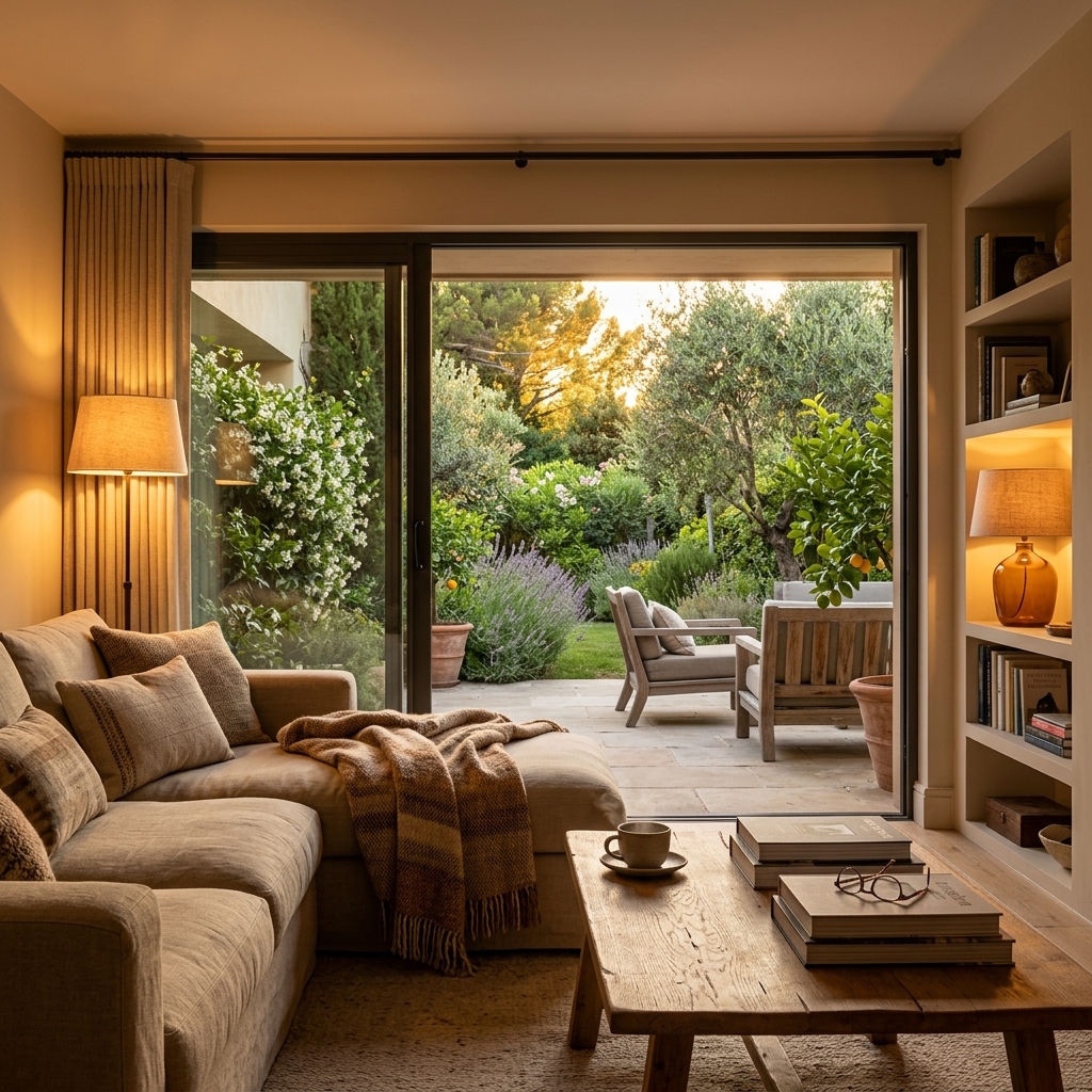 Lived-in luxury lounge illuminated by warm evening ambient light