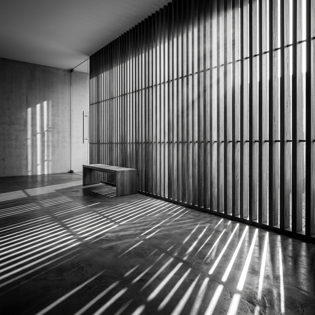Natural light filtering through architectural louvers