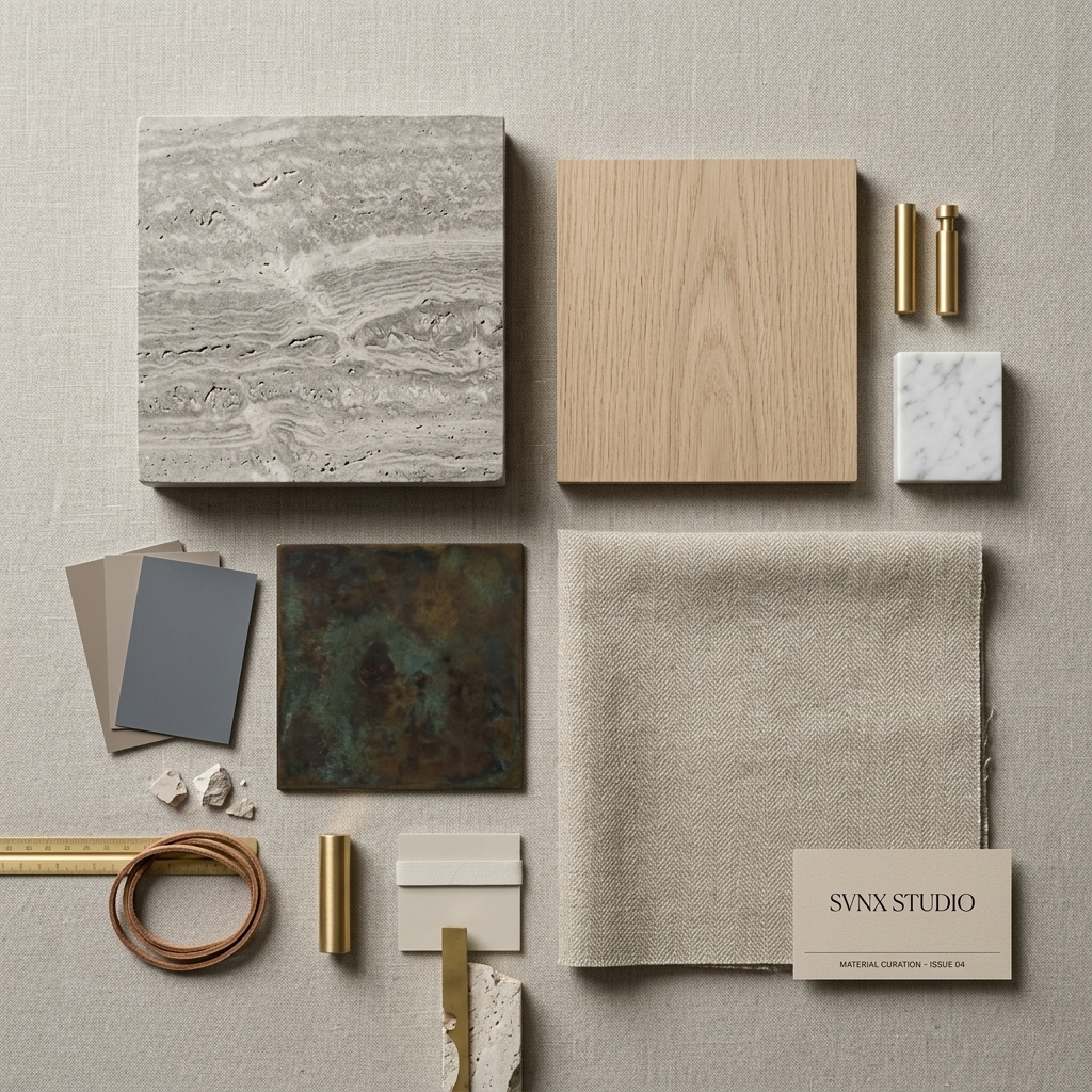 Tactile architectural limestone and timber material samples