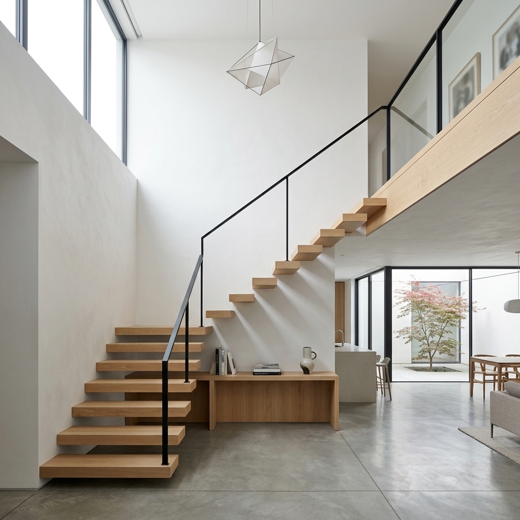 Sculptural architectural staircase and spatial volume detail