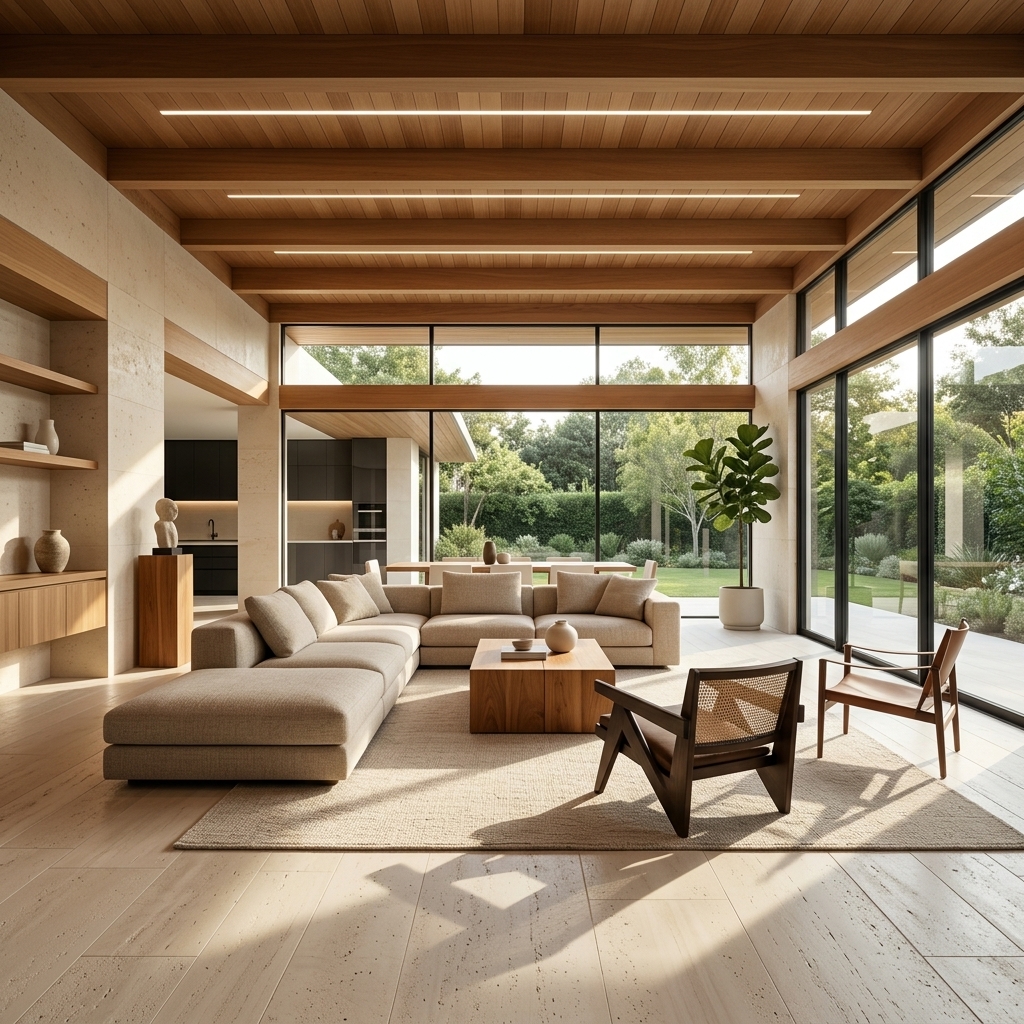 Wide cinematic architectural interior shot of modern residential space