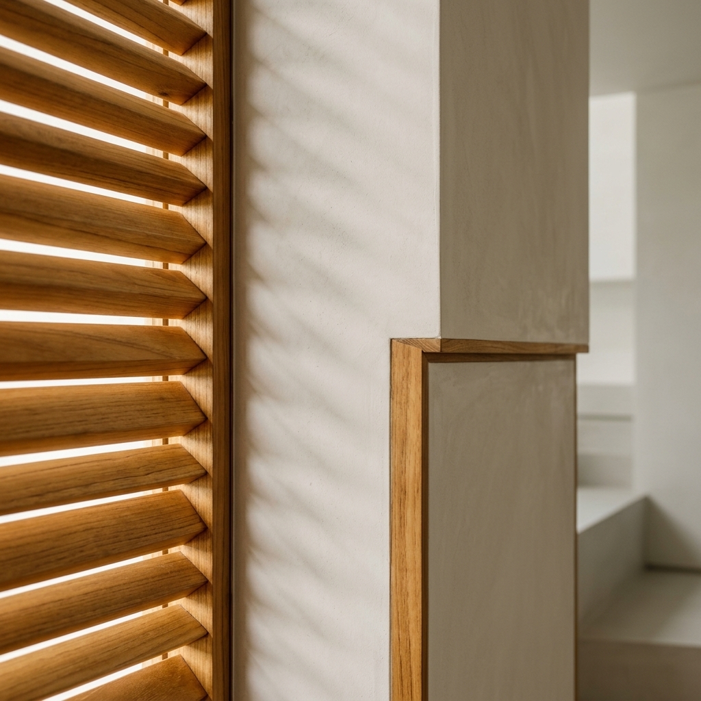 Architectural detail shot focusing on warm timber and smooth plaster