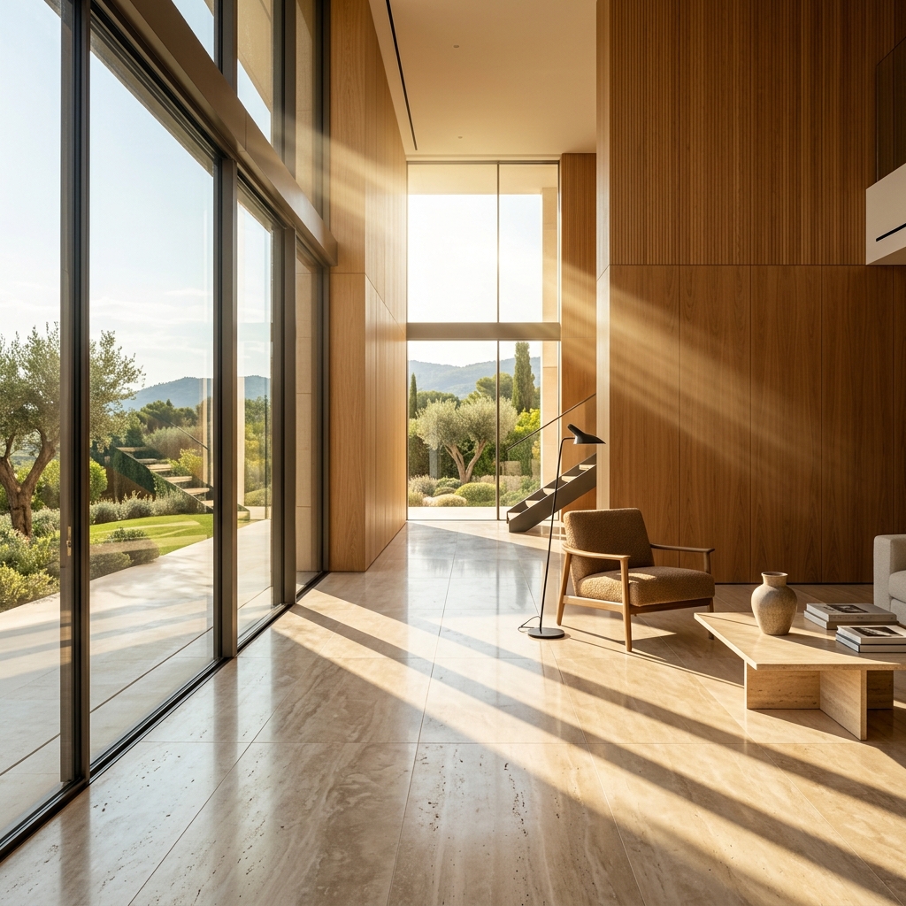 Architectural luxury interior flooded with natural sunlight